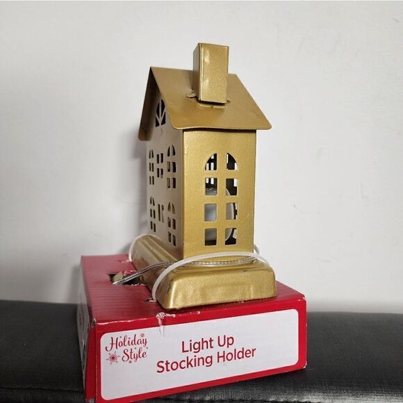 Stocking Holder Gold Metal House Christmas Holiday Light up Holiday Time - Picture 4 of 5